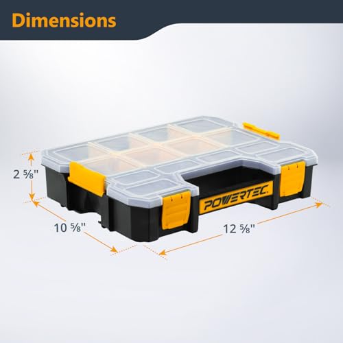 POWERTEC Small Parts Organizer & Tool Box – 14 Compartments, Stackable Storage with Interlocking Latch, Removable Dividers, Clear Lid, Portable Design (72364) - color: Stackable Tool Box Medium, size: 14 Compartments