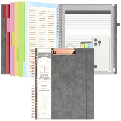 Ospelelf Grey Foldable Clipboard Folio with with Storage Zipper Pouch, Leather Spiral Clipboard Folder with Notepad, 5 Plastic Folders with 10 Pockets, 39 Divider Label Stickers, Pen Loop Series - color: Grey