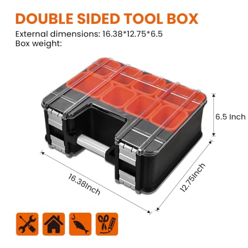 TACTIX Double-Sided Tool Organizer, Toolbox with 8-Storage Bins & 14 Adjustable Dividers & Transparent Lids, Portable Hardware Storage Box for Screws, Nuts, Fishing Accessories (Black&Orange) - style: Double Sided Tool Box