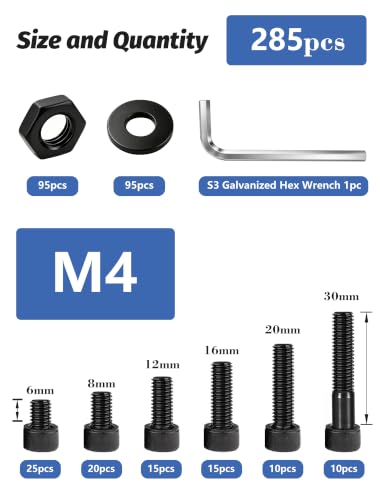 285PCS M4 Screws Assortment Kit, 12.9 Grade Alloy Steel Socket Head Cap Screws with Hex Nuts, Flat Washers, Metric Bolt Set S3 Hex Key Included, Galvanized, 3D Printing Electronics Repair - size: M4 285pcs