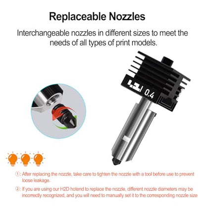 2PCS 0.4mm Hotend for Bambu Lab X2D/P2S/H2S/H2D/H2D Laster/H2D AMS Combo/A1/A1 Mini, Extruder Print Head Quick Swap Hot End Design with Extra 2PCS Silicone Cover Sock Hardened Steel Nozzle - color: 0.4mm, size: 2PCS
