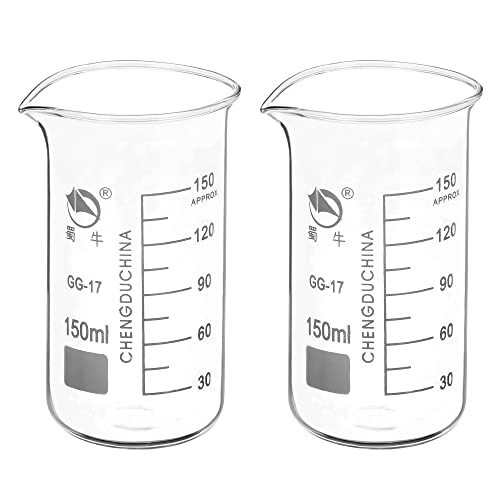 PATIKIL 150ml Tall Form Glass Beaker, 2 Pack 3.3 Borosilicate Glass Graduated Printed Scale Measuring Cups with Spout for Kitchen Lab Liquids Transit Boiling - size: 150ml
