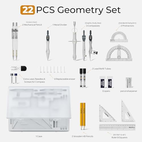 Nicpro 22 PCS Compass Geometry Tools with Case, Drafting Tool Geometry Set
