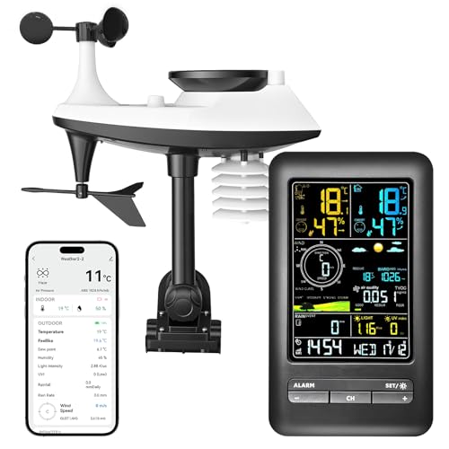 16-in-1 WiFi Weather Station with Air Quality Monitor, Large Color Display, APP Remote Control, Rain & Wind Sensor, UV & Light Intensity, Wireless for Home Garden Patio