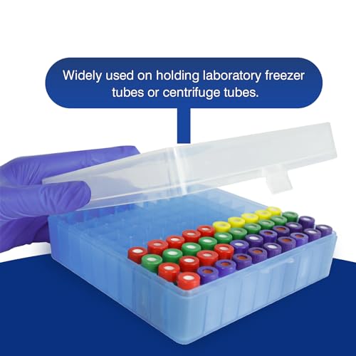 100 Well Microtube Storage Box, Blue Lockable Vial Holder Rack, 5 Pack
