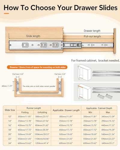 Gobrico Hardware 18 inch Drawer Slides 5 Pair，Soft Close Drawer Slides 3 Fold, Cabinet Drawer Slides Full Extension Drawer Glides, Heavy Duty Hydraulic Self Close Rails, Side Mount Ball Bearing - size: 18inch Drawer Slides