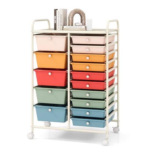 COSTWAY 15 Drawer Rolling Storage Cart, Mobile Storage Organizer - color: Macaron, size: 15 Drawer
