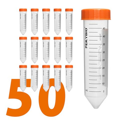 PEKYBIO 50ml Centrifuge Tubes Sterilized Polypropylene Conical Test Tube with Screw Cap Plastic Container with Graduated and Write Marks 50Pcs - size: 50ML Concial Bottom