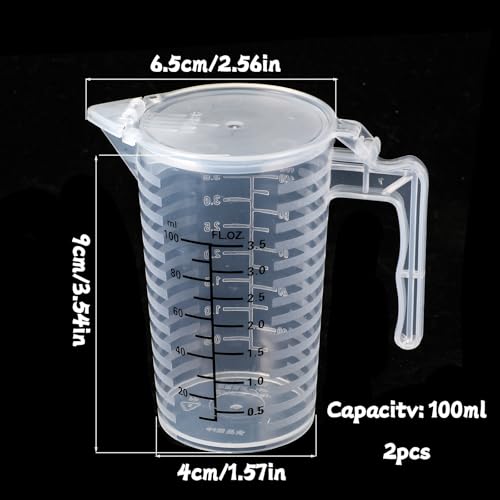 100ml Plastic Graduated Beaker, 2 Pack Liquid Measuring Cup with Handle with Lid, Measuring Pitcher Measure Containers for Liquid Mixing, Pet Food, Motor Oil, Laboratory, Kitchen
