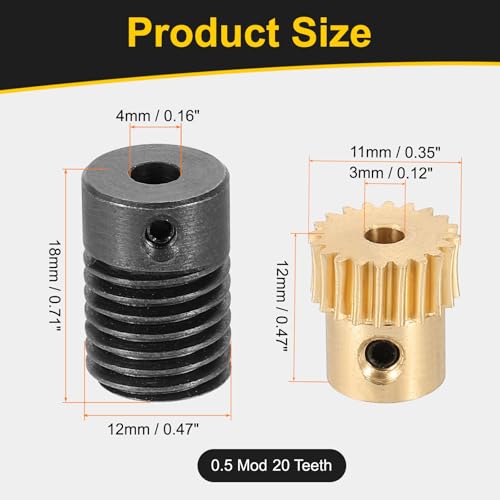 uxcell Worm Gear Set 20T 0.5 Module 20:1 Reduction Rate, Right Rotation Drive Gear Box Wheel Reduce Transmission Part (Brass Gear-3mm Bore, #45 Steel Rod 4mm Bore) - size: Gear-3mm, Rod-4mm Bore, style: 0.5M-20T