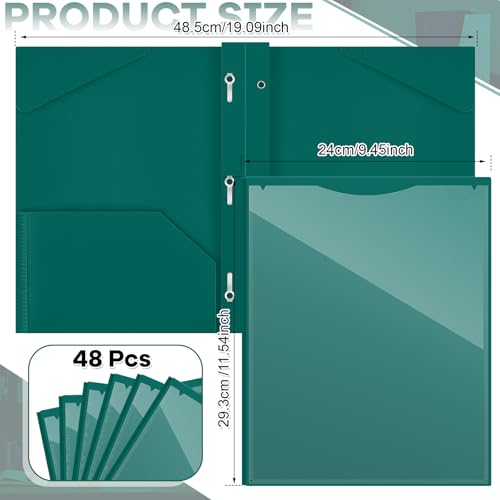 Henoyso 48 Pcs Plastic Folder with Clear Front Pocket and 3 Prongs Heavy Duty Plastic Folders with Card Slot Pocket Folders with Prongs for School Office Home(Dark Green) - color: Dark Green