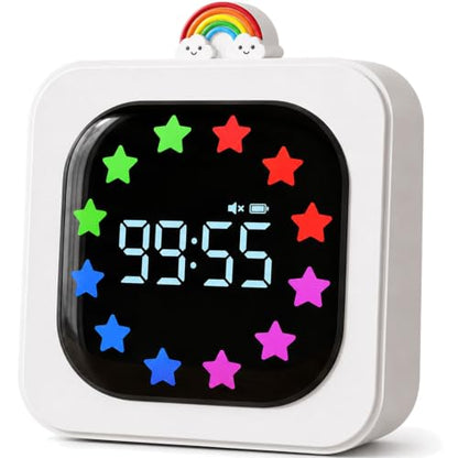 Digital Visual Timer for Kids, Rechargeable 99-Minute Countdown with 12-Star Rainbow LED Display, 9 Color Modes, Silent Mode & Pause, Timer for Classroom, Home & Kitchen - color: White