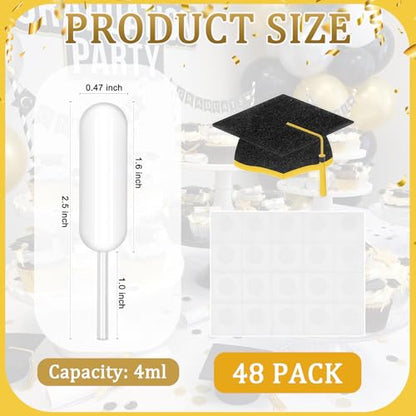Glenmal 48 Sets 4ml Graduation Cupcakes Pipettes, Plastic Pipettes Dropper for Cupcakes with Grad Caps Disposable Mini Flavor Liquor Infuser Squeeze Dropper for Cupcake Ice Cream Grad Decoration - style: Graduation