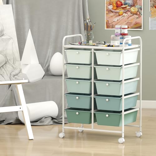 COSTWAY 10 Drawer Rolling Storage Cart, Utility Cart with Lockable Wheels - color: Green Gradient, size: 10 Drawer