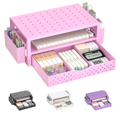 WALI Desk Organizer with Drawer and Pen Holder, 3 Tier Computer Monitor Stand for Home Office Supplies, Laptop Stand Riser for Computer, Laptop, Printer(PTT004-P), 1 Pack, Pink - color: Pink, size: 3-Tier