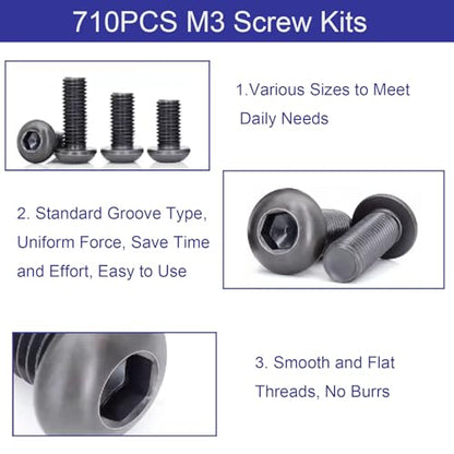 710PCS M3 Screw Assortment Kit, M3x6/8/10/12/16/20/25/30mm M3 Screw Kits - size: M3