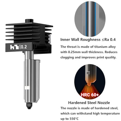 Upgrade 0.2mm P2S, X2D Hotend Kit, 3D Printer Print Head Hot End Heating Block Kit with 0.2mm Removable Hardened Steel Nozzle for Bambu Lab H2D, H2C, H2S, A1/A1 Mini - size: 0.2mm