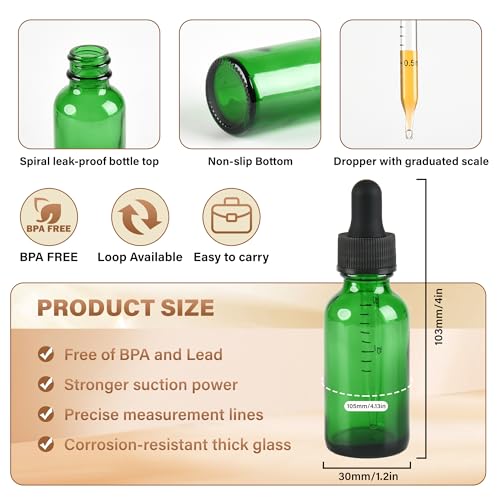 NOOEEISS 6 Pcs, 1oz Dropper Bottle, Green Glass Eye Dropper Bottle,Tincture Bottles with Dropper, Leak-Proof Design, Stronger Suction, for All Kinds of Mixed Liquids - color: Green, size: 1oz-6Pack