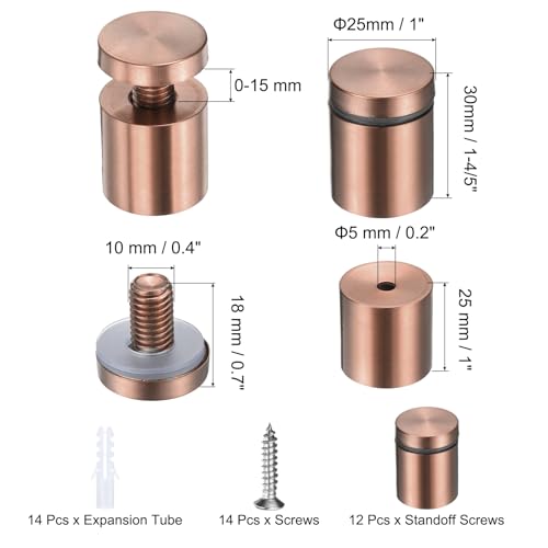 uxcell 12 Pcs 1" x 1-1/5" Standoff Screws Stainless Steel Wall Mount Sign Mounting Hardware Kit with 14pcs Screws for Hanging Acrylic Glass Signs Advertising Boards, Rose Gold - color: Rose Gold, size: 1" x 1-1/5"