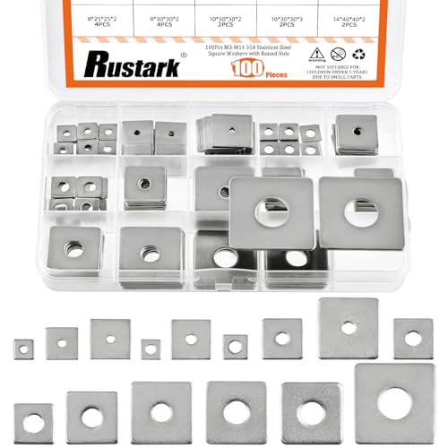 100Pcs 15 Sizes M3-M14 304 Stainless Steel Square Plate Washers Assortment Kit Square Bearing Plate Washer Square Washer Flat Washer Fastener for Construction and Industrial Equipment