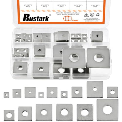100Pcs 15 Sizes M3-M14 304 Stainless Steel Square Plate Washers Assortment Kit Square Bearing Plate Washer Square Washer Flat Washer Fastener for Construction and Industrial Equipment