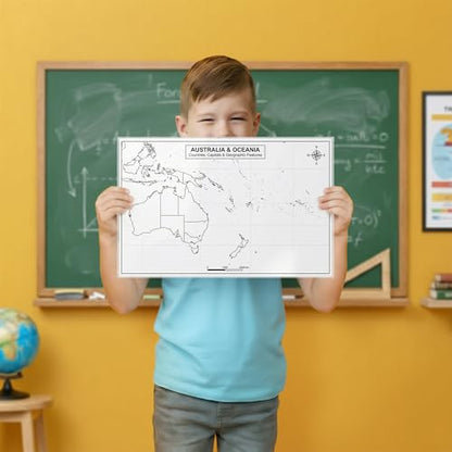 Australia & Oceania Map 11x17 Laminated Dry Erase Geography Chart | Double-Sided with Color Front & Blank Outline Back | Reusable Classroom Tool - color: Australia & Oceania