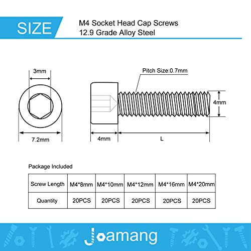 M4 x 8mm 10mm 12mm 16mm 20mm Hex Socket Head Cap Screws Bolts, 12.9 Grade Alloy Steel, Black Oxide Finish, Metric Allen Drive, Fully Threaded, Assortment Kit 100Pcs - size: Socket M4x8-20 mm