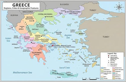 Greece Map Poster 11x17 | Laminated Double-Sided Geography Chart with Color Map Front & Blank Outline Back | Reusable Classroom & Homeschool Learning Tool - color: Greece