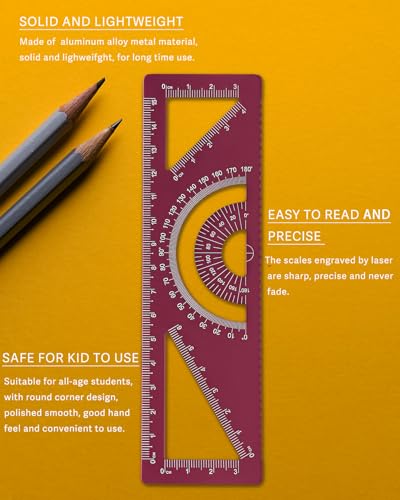 4-in-1 Geometry Set, Metal Math Ruler Kit- Aluminium Protractor, 2 Precision Triangles, Straight Edge Rule - Multifunctional Drafting& Measuring Small Ruler for Kids School - 6 in, Red - color: Red