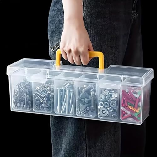 Plastic Hardware Storage Box with 6 Removable Compartments, Clear Small Parts Organizer with Handle, Portable Container for Screws, Nuts, Bolts, Crafts
