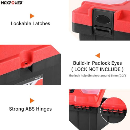 MAXPOWER 2-Pc Plastic Tool Box, 12" Small & 17" Portable Toolbox, Lockable - color: Red, size: 12" 17"