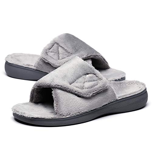 SOLLBEAM Women's Plantar Fasciitis Fuzzy House Orthopedic Adjustable Slippers With Arch Support Orthotic Heel Cup Sandals For Ladies - color: Gray01, size: 5