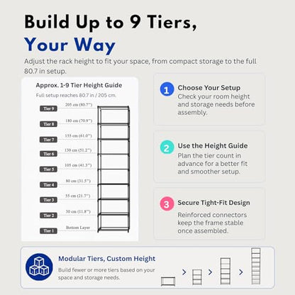 9-Tier 3D Printer Filament Storage Rack, Holds Up to 54 1kg Spools, Space-Saving Carbon Steel Spool Holder Organizer with Anti-Tip Kit, Modular Maker Workspace Storage System, Tool-Free Assembly