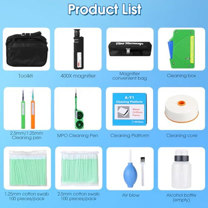 14PC Fiber Optic Cleaning kit, 400x Fiber Optic Microscope, 2.5mm/1.25mm & MPO/MTP Cleaner Pen and Cleaning Box with Replace core