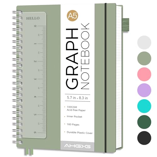 AHGXG Spiral Graph Paper Notebook, 160 Pages, A5 (5.7" x 8.3") - color: Sage Green, style: A5-Graph
