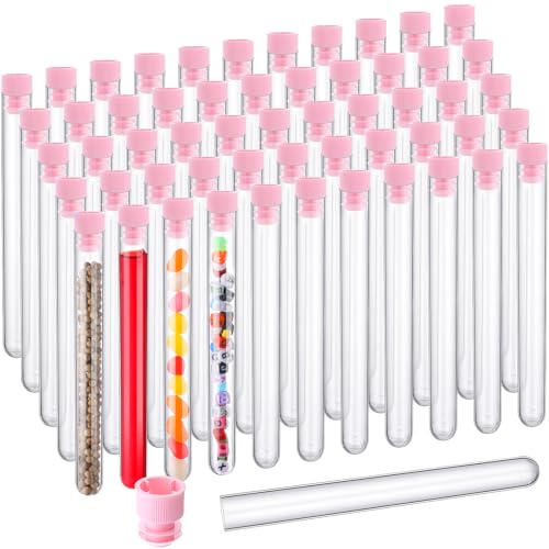 100 Pack Plastic Test Tubes with Caps, 25ml/6" Clear Tubes Vials - color: Pink Lid