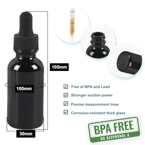 NOOEEISS 24 Pack,1oz Glass Dropper Bottle,Black Tincture Bottles with Dropper,Pretty Finish for All Kinds of Liquids,Oil Bottles for Hair- Stronger Suction ideal for Leakproof Travel - color: Black, size: 1oz-24Pack