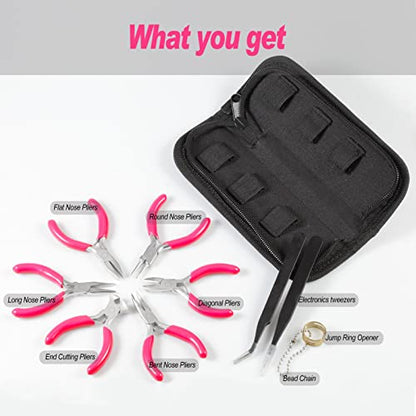 6PCS Mini Jewelry Pliers Set, 3 Inches Pliers Set with Long Nose Pliers Bent Nose Pliers Wire Cutters End Cutting Pliers Flat Nose Pliers Bead Chain Electronics Tweezers Jump Ring Opener