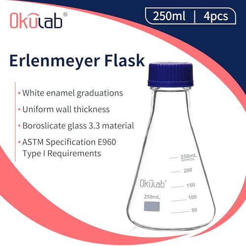 4pcs Erlenmeyer Flask Set with Blue Cap, Glass Erlenmeyer Flasks, 250ml Lab Erlenmeyer Flasks, Borosilicate 3.3 Glass Material with Printed Graduation, EFG45G250A4 - style: 4 Pcs of 250ml