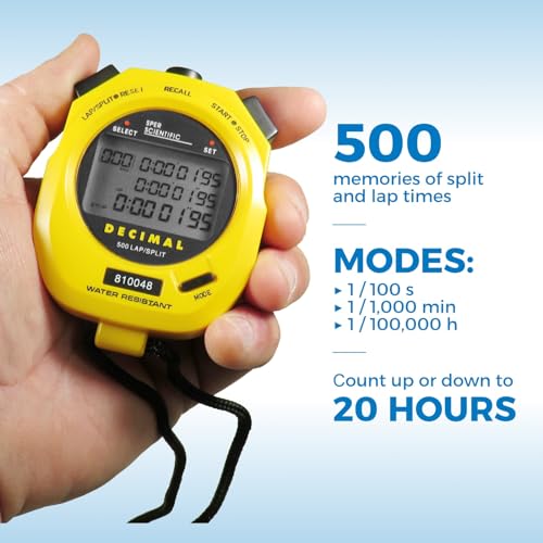 Sper Scientific Stopwatch, Water Resistant, Decimal Display and Multi-Split Stop Watch Timer for Sports, Coaches, Industrial Workers, and Trainers