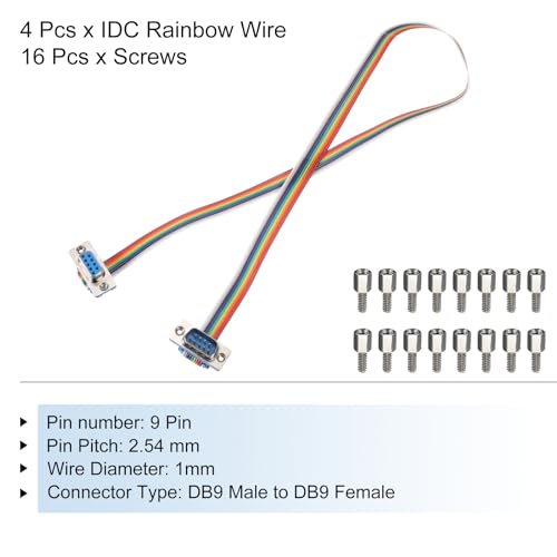 MECCANIXITY 4 Pcs IDC Rainbow Wire Flat Ribbon Cable DB9 Male to DB9 Female 19.7 Inch Length 2.54mm Pitch Breadboard Jumper Wires for Electronic Projects - size: 19.7 Inch, style: DB9 Male to DB9 Female