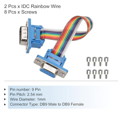 MECCANIXITY 2 Pcs IDC Rainbow Wire Flat Ribbon Cable DB9 Male to DB9 Female 3.9 Inch Length 2.54mm Pitch Breadboard Jumper Wires for Electronic Projects - size: 3.9 Inch, style: DB9 Male to DB9 Female