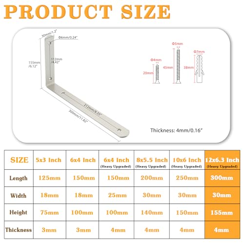 Alise Brushed Shelf Brackets,L Brackets for Shelves,12x6.3x1.2 Inch,4 Pcs - color: Brushed Nickel, size: 12x6.3 Inch (Upgraded)