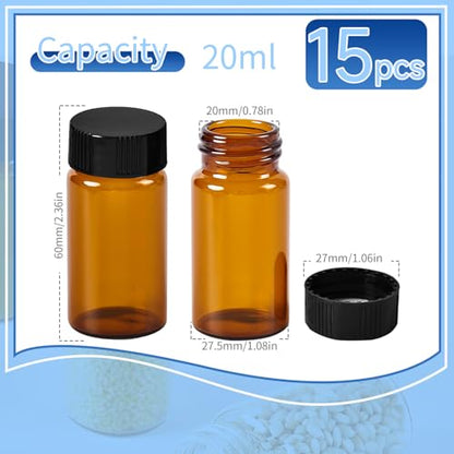 15 PCS 20ML Amber Small Liquid Sample Glass Vials with Screw Caps,27.5x57mm 5DramLeak-Proof Vial, 24-400 Black Screw Cap with PE Liners for Lab, Essential Oil, Perfume, Reagents - size: 20ML(27,5*57mm)