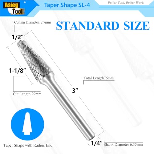 SL-4 Tungsten Carbide Burr Rotary File Taper Shape with Radius End Double Cut with 1/4" Shank for Die Grinder Drill Bit - style: SL-4