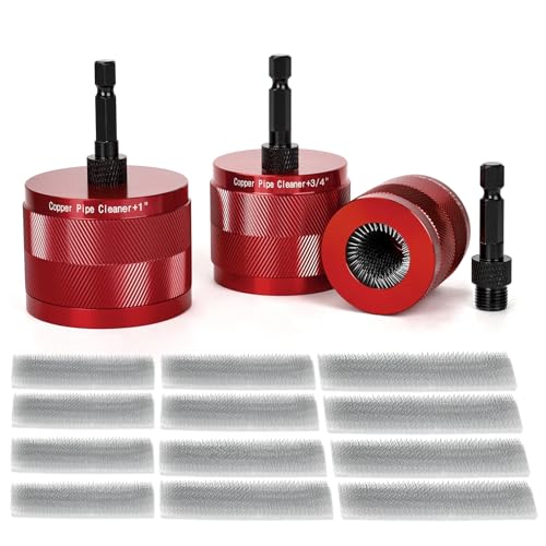 1/2" & 3/4" & 1" Copper Pipe Cleaner Set for Drill, with 1/4" Hex Shank & 12 Brush Blades, Plumbing Tools for Removing Rust, Stains & Paint from Copper & Metal Pipes, Red - color: Red, size: 1/2" & 3/4" & 1"