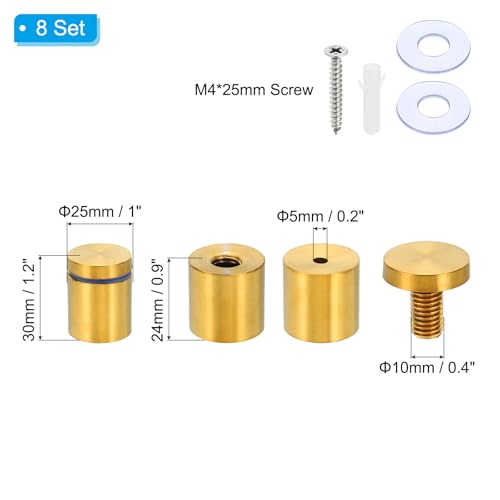 PATIKIL 1 x 1.2 Inch Sign Standoff Screws, 8 Set Stainless Steel Wall Standoff Mounting Hardware Advertising Glass Nail for Hanging Acrylic Picture Frame Acrylic Panel, Gold - color: Gold, size: 1 x 1.2 Inch