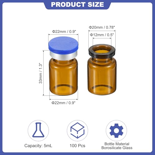 PATIKIL 5ml Sample Vials, 100 Pack Lab Empty Vials with Butyl Rubber Stopper Crimp Top Caps and Labels Borosilicate Glass Vial, Amber - color: Amber, size: 5ml