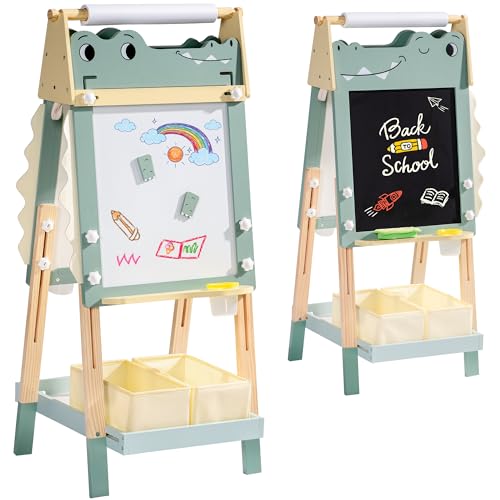 ROBOTIME Alligator Easel for Kids - 3-in-1 Adjustable Height Wooden Children Easel with Magnetic Whiteboard, Chalkboard & Paper Roll Holder, Fun Kid's Art Station for Boys & Girls Ages 3~12 Years