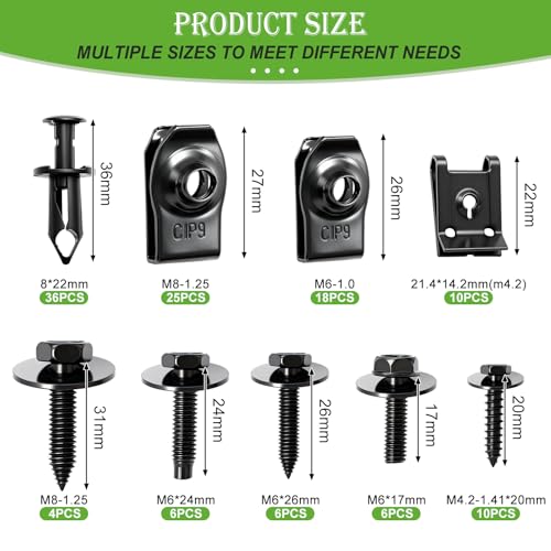 mxuteuk 100PCS U-Nut Clips & Hex Head Automotive Body Fender Bolts Kit,M4.2/M6/1/4/M8 Automotive Bolt for Most Cars Fender,Engine Undertray Cover, Engine Cover & Bumper Fender Liner - color: Black/4Size Assortment Kit